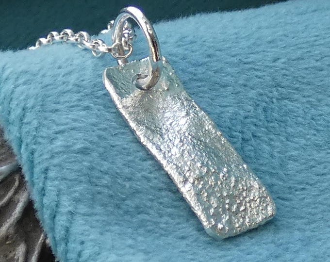 Tiny Dainty Lightweight Reticulated Sterling Silver Geometric Pendant Necklace, Handmade Artisan Rectangular Precious Metal Layering Jewelry