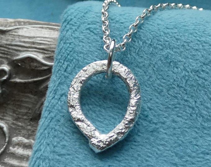 Small Reticulated Solid Sterling Silver Teardrop Pendant Necklace w FIXED Bail, Dainty Lightweight Artisan Molten Silver Pendant Necklace