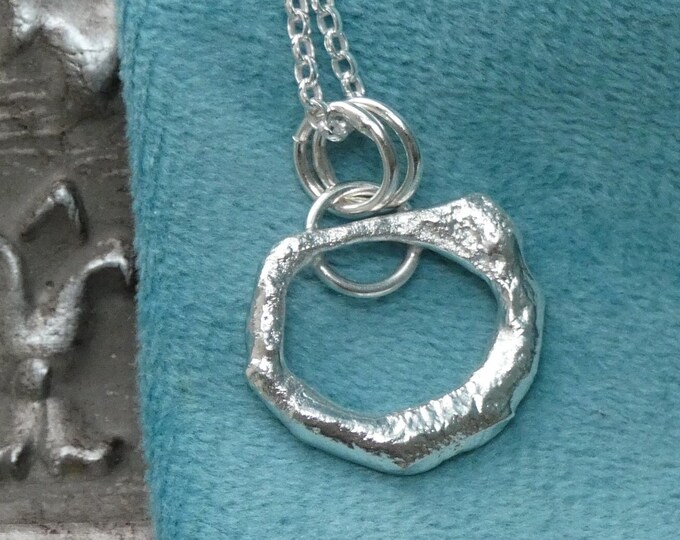 Minimalist Molten Silver Circle Pendant Necklace, Lightweight Solid Sterling Silver Freeform Organic Shaped Necklace One of a Kind Jewellery