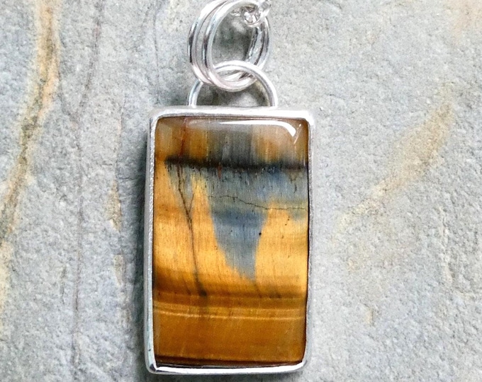Large Square Tiger's Eye Pendant Necklace, Handcrafted Solid Sterling Silver Birthstone Natural Gemstone Statement Jewellery, Precious Metal