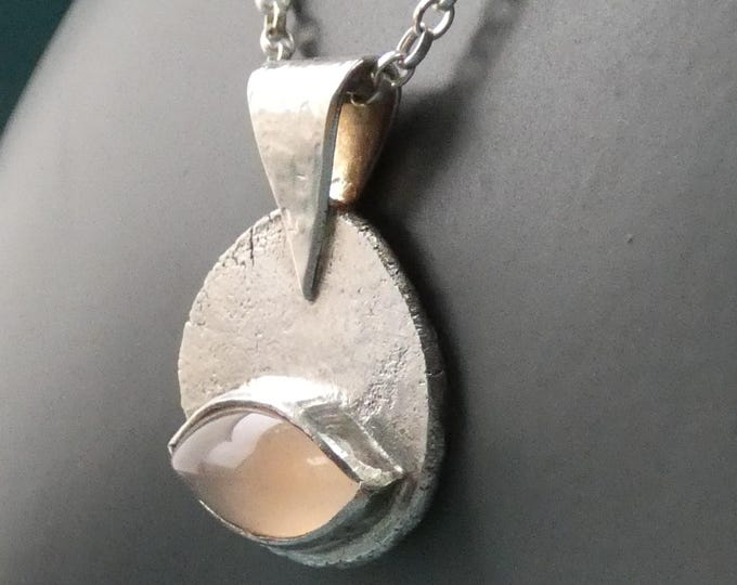 Rustic Hammered One of a Kind Solid Sterling Silver Pendant w Pink Chalcedony Natural Gemstone, Modern Silver, Precious Metal Jewellery, UK