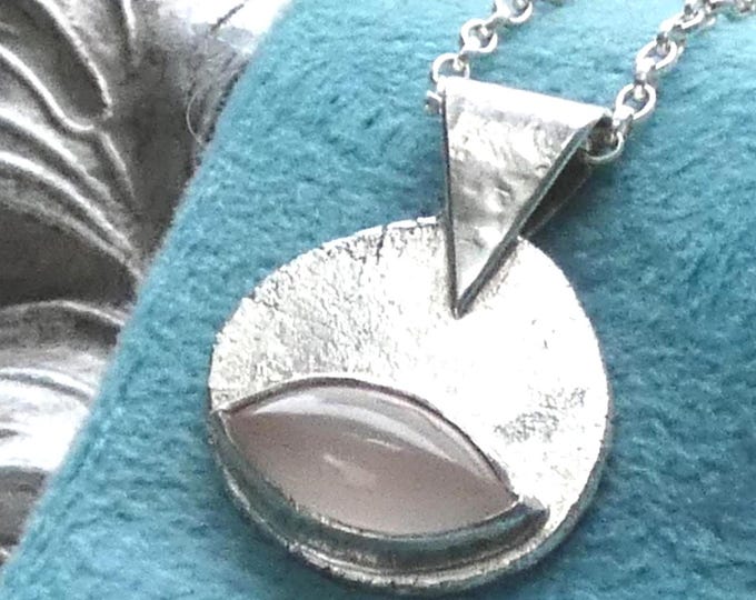Rustic Hammered One of a Kind Solid Sterling Silver Pendant w Pink Chalcedony Natural Gemstone, Contemporary, Modern Silver Jewellery, UK