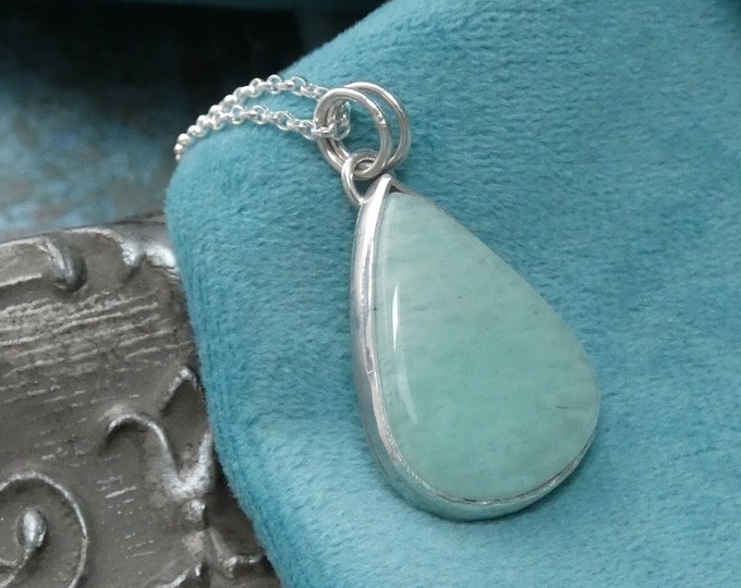 Large Teardrop Amazonite Pendant Necklace, Solid Silver Natural Gemstone Statement Necklace, Large Unique Crafted  Crystal Pendant Necklace