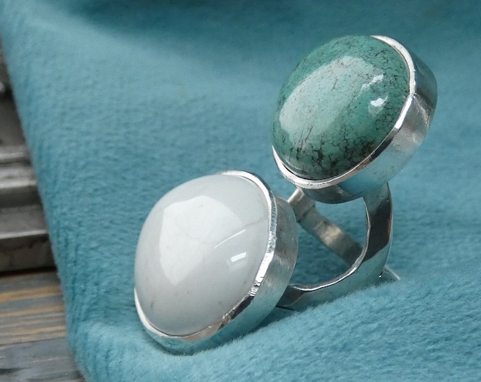 Large Chunky Cocktail Ring, Turquoise and White Onyx Gemstone Sterling Silver Statement Ring Blue and White Stone Unique Solid Sturdy Ring