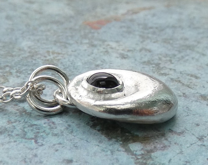 Rustic Silver Necklace, Handmade Solid Sterling Silver Pendant Necklace w Small Black Onyx Stone, Molten Silver Necklace, Rustic Necklace UK