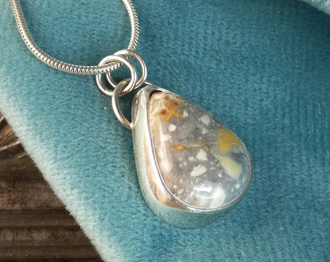 Jasper Silver Necklace, Large Teardrop Shaped Grey Natural Gemstone Sterling Silver Pendant Necklace, Handcrafted Silver Statement Necklace