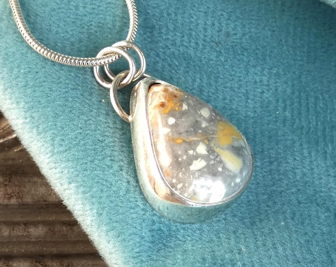 Teardrop Jasper Natural Gemstone Pendant Necklace w Heart Shaped Cutout at the Back, Handcrafted Sterling Silver Precious Metal Jewellery