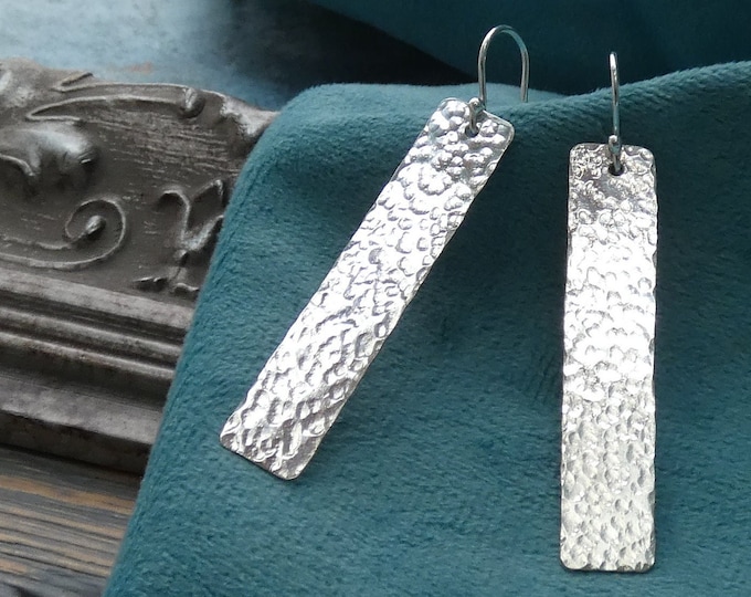 Long Geometric Sterling Silver Dangling Drop Earrings, Lightweight Hammered Solid Silver Everyday Statement Earrings, Rectangular Earrings