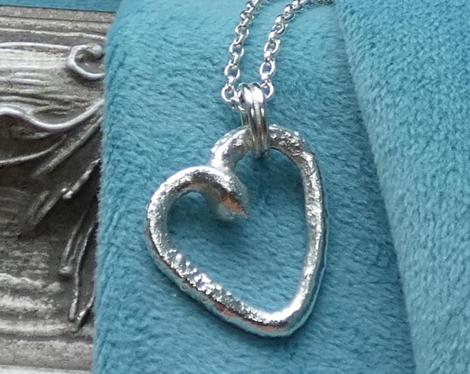 Reticulated Solid Sterling Silver Heart Necklace w FIXED BAIL, Heart Shaped Artisan Pendant Necklace, One of a Kind Molten Silver Jewellery