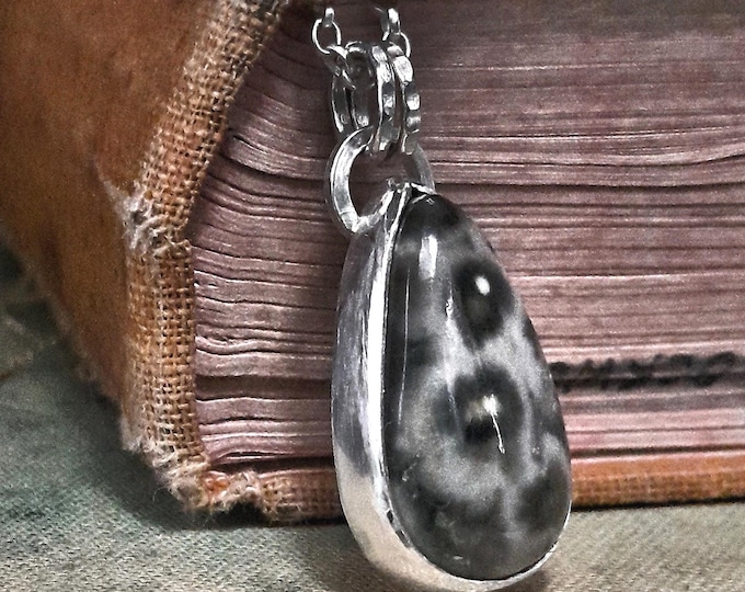 Handcrafted Solid Sterling Silver Pendant Necklace w Teardrop Shaped Ocean Jasper Natural Gemstone, Contemporary, Minimalist Artisan Silver