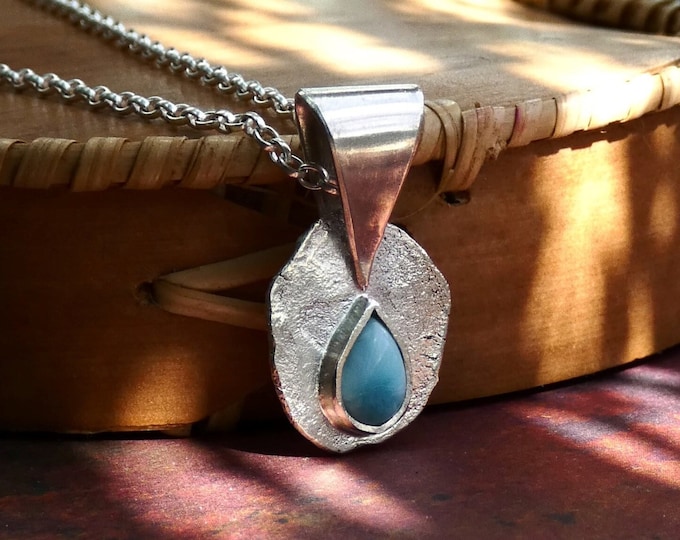 Larimar Silver Necklace, Handmade Hammered Sterling Silver Pendant Necklace with Small Teardrop Shaped Larimar Gemstone, Blue Stone Pendant