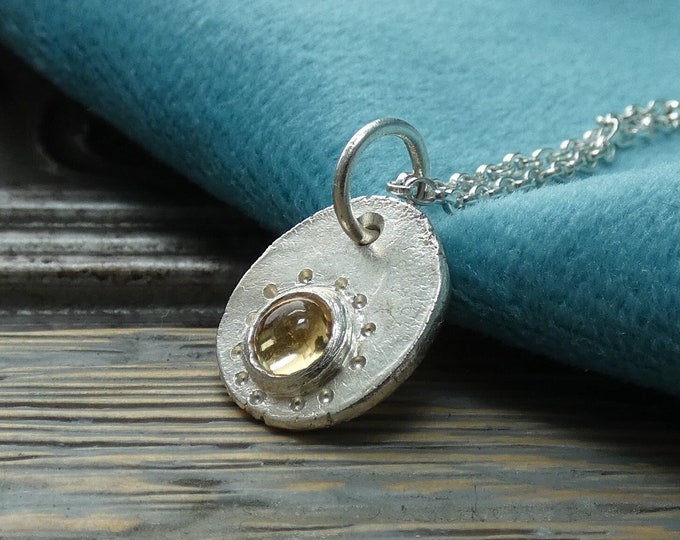 Rustic Citrine Necklace, Handmade Hammered Sterling Silver Pendant Necklace with Tiny Round Yellow Citrine Stone, Primitive Style Jewellery