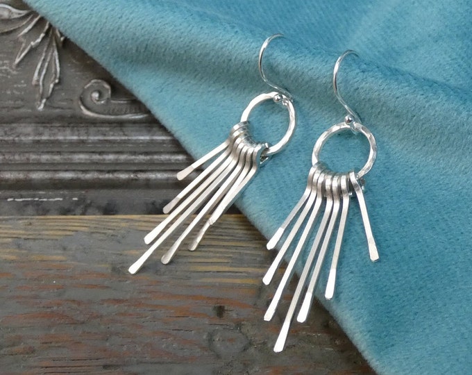 Lightweight Silver Tassel Earrings, Long 925 Sterling Silver Fringe Earrings for Everyday Wear, Minimalist Dangling Drop Silver Earrings, UK