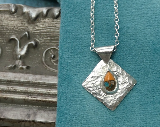 Lightweight Turquoise Silver Necklace, Small Dainty Sterling Silver Artisan Square Pendant Necklace w Blue and Orange Turquoise Copper Stone