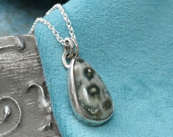 Small Green Ocean Jasper Necklace, Handcrafted Precious Metal Jewellery, Minimalist Sterling Silver Artisan Teardrop Pendant Necklace, UK