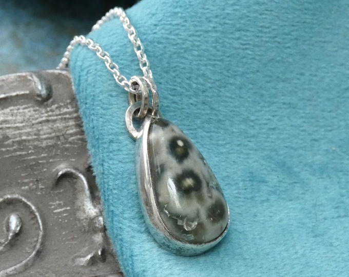 Green Jasper Necklace, Handmade Sterling Silver Pendant Necklace with Teardrop Green Stone, Natural Gemstone Necklace, Ocean Jasper Pendant