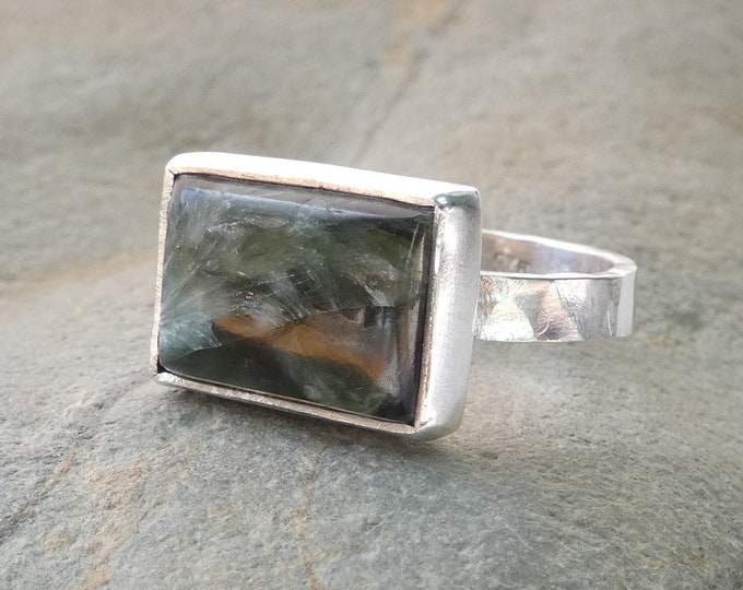 Green Seraphinite Ring, Handmade Hammered Solid Sterling Silver Ring w Square Green Stone, Silver Statement Ring, Silver Ring Size: UK S 1/2