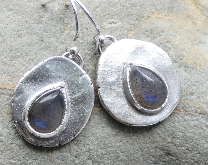 Labradorite Earrings, Handcrafted Hammered Rustic Solid Sterling Silver Dangling Drop Earrings, Bohemian Artisan Natural Gemstone Jewellery