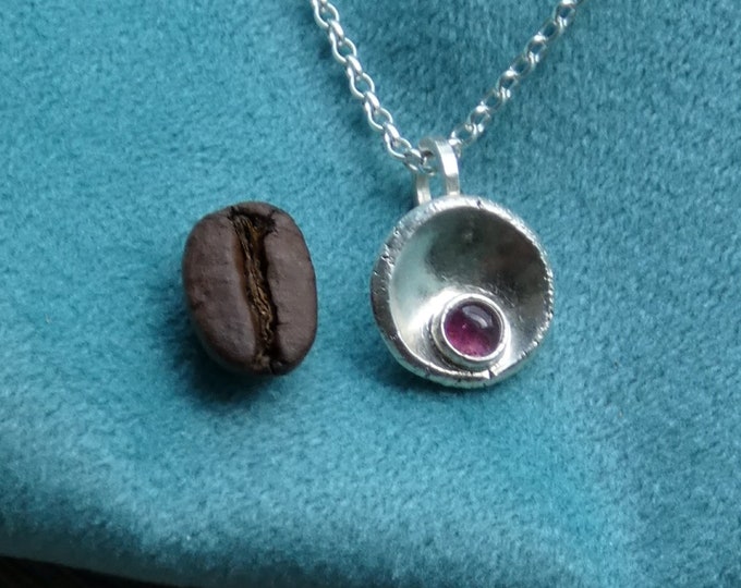 Tiny Rustic Tourmaline Necklace, Dainty Solid Silver Pendant Necklace, Minimalist Necklace w Small Pink Stone, Molten Silver Disc Pendant UK