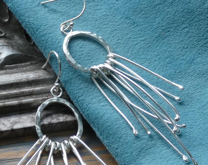 Long Lightwieghts Silver Tassel Earrings, 925 Sterling Silver Fringe Earrings, Dangling Drop Statement Real Solid Silver Fuzzy Earrings, UK