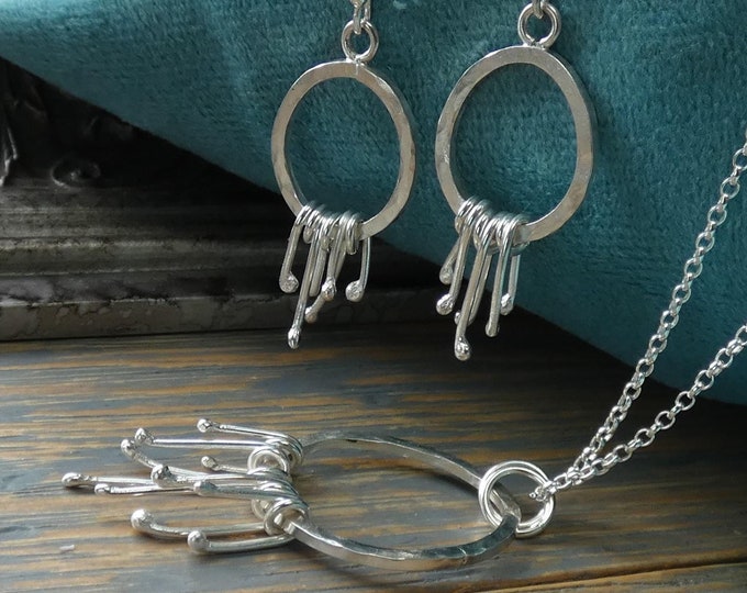 Silver Fidget Necklace Set, Handcrafted Hammered Solid Sterling Silver Dangle Pendant Necklace and Earrings Jellery Set, Dangling Silver Set