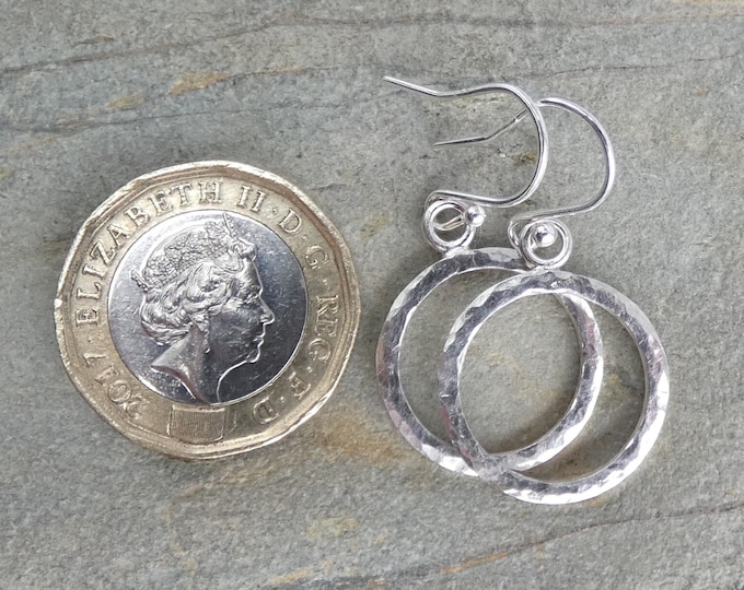 Small Light Sterling Silver Circle Earrings, Handmade Hammered Artisan Circle Earrings, Dainty Lightweight Textured Everyday Hoop Earrings