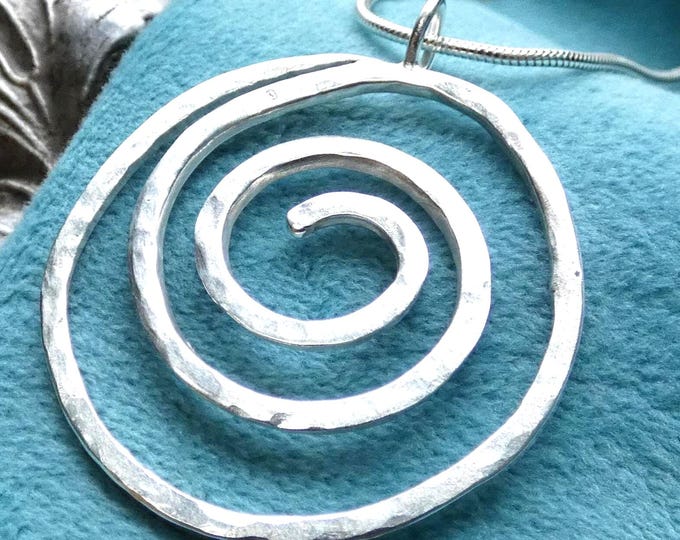 Very Large Hammered Solid Sterling Silver Spiral Pendant Necklace, Handcrafted Artisan Statement Precious Metal Jewellery, UK