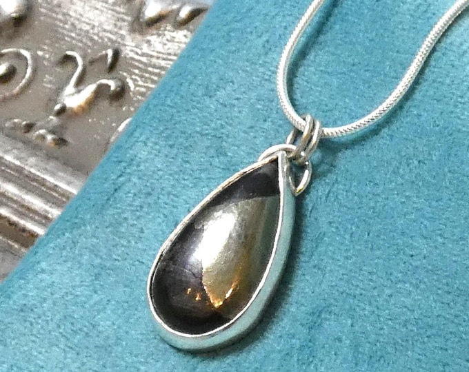 Unique Black and Gold Pyrite Natural Gemstone in Solid Sterling Silver Bezel Setting, Handcrafted Artisan UK-Made Silver Statement Jewellery