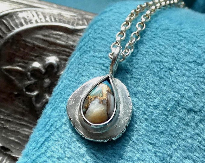 Tiny Dainty Teardrop Multi-Coloured Oyster Turquoise Natural Gemstone Set in a Handcrafted Hammered Rustic Solid Sterling Silver Necklace