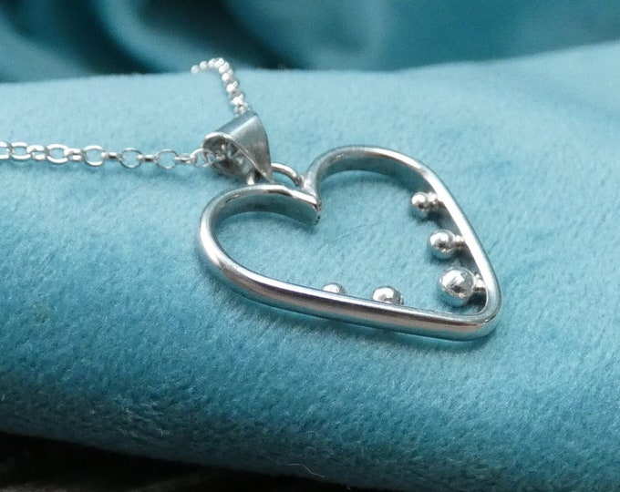 Silver Heart Necklace for Women, Solid Sterling Silver Heart Shaped Pendant Necklace w Five Small Silver Nuggets OOAK Artisan Jewellery UK