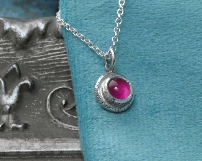 Rustic Hot Pink Jade Silver Necklace, Small Handcrafted Sterling Silver Pendant Necklace w Dainty Rani Jade Stone, Pink Gemstone Jewellery