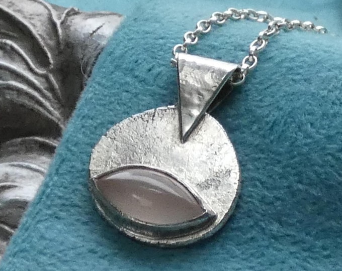 Unusual Primitive Style Pale Pink Chalcedony Silver Necklace Rustic Hammered Artisan Rustic Molten Sterling Silver Disc Pendant w Pink Stone