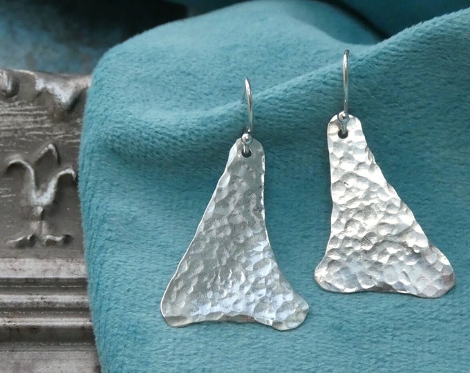 Slightly Asymmetrical Pair of Geometric Sterling Silver Dangling Drop Earrings, Light Hammered Solid Silver Triangular Statement Earrings UK