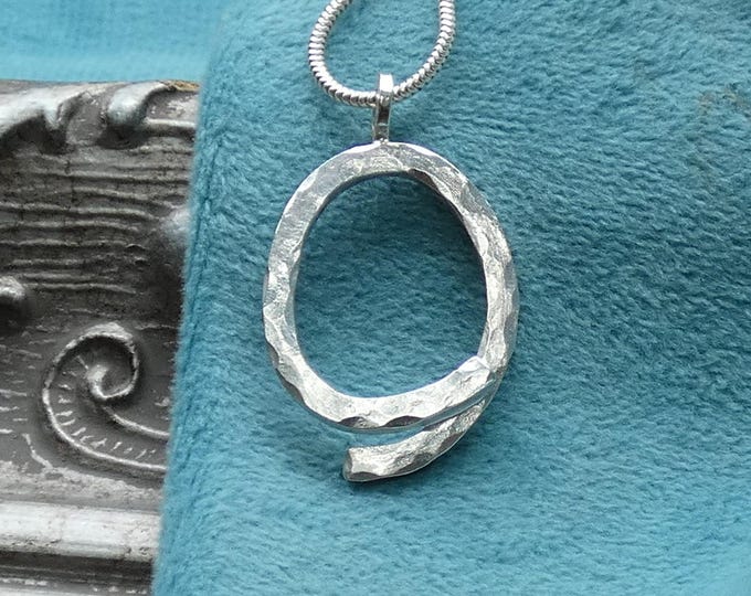 Chunky Oval Silver Pendant Necklace, Unusual Hammered Artisan Solid Sterling Silver Asymmetrical Circle Necklace, Big Statement Jewellery UK