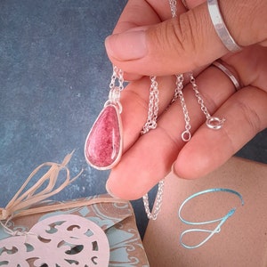 Rhodonite Necklace, Handmade Sterling Silver Pendant Necklace with Beautiful Pink Teardrop Shaped Stone, Natural Gemstone Everyday Necklace