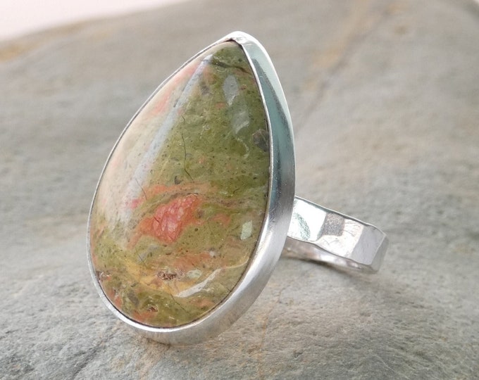 Big Chunky Green Gemstone Ring, Large Teardrop Sterling Silver Statement Ring w Beautiful Green Unakite Stone, Solid Artisan Ring, UK Size T