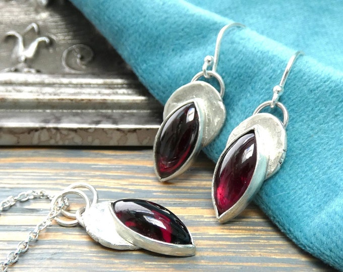 Rustic Garnet Set, Handmade Organic Shaped Solid Sterling Silver Pendant Necklace and Drop Earrings Set w Red Stone, Gemstone Jewellery Set