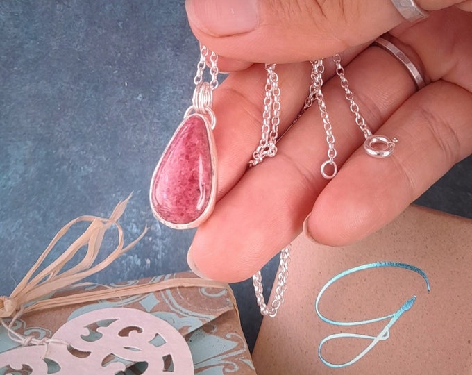 Rhodonite Necklace, Handmade Sterling Silver Pendant Necklace with Beautiful Pink Teardrop Shaped Stone, Natural Gemstone Everyday Necklace