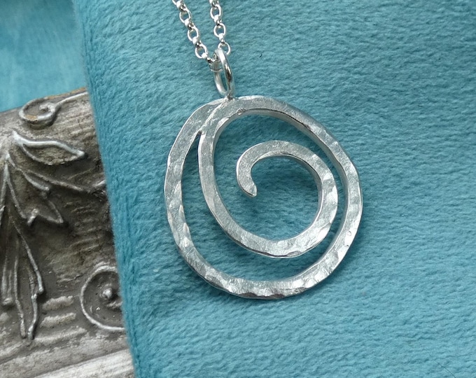 Large Spiral Silver Necklace, Minimalist, Lightweight, Hammered Artisan Solid Sterling Silver Spiral Pendant Necklace, Statement Jewellery