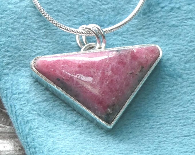 Triangle Pink Stone Geometric Precious Metal Pendant Necklace, Modern Artisan Statement Jewellery, Solid Sterling Silver Rhodonite Necklace