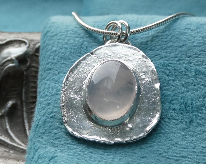 Rustic Rose Quartz Necklace, Handmade Hammered Solid Sterling Molten Silver Pendant, Artisan Pink Natural Gemstone Statement Jewellery, UK