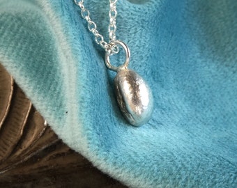 Sterling Silver Nugget Pendant Necklace, Handcrafted Coffe Bean Size Solid Silver Nugget Pendant, Minimalist Precious Metal Jewellery, UK