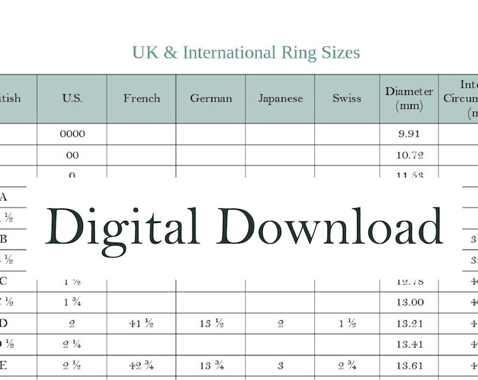 UK & International Ring Size Chart, Printable International Ring Size Chart, Downloadable Ring Size Chart, Digital Download A4 Size Chart