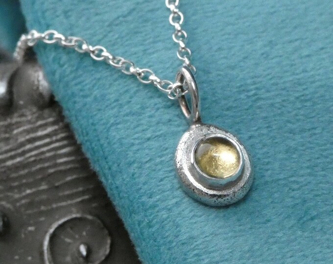 Tiny Rustic Citrine Necklace, Handmade Hammered Organic Shaped Sterling Silver Pendant Necklace w Small Yellow Stone, Molten Silver Nugget