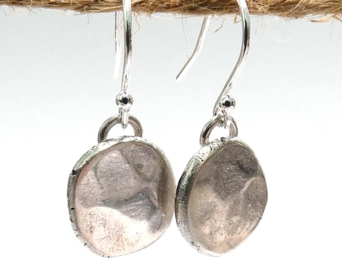 Rustic Hammered Solid Sterling Silver Disc Earrings, Handcrafted Minimalist Artisan Organic Silver Jewelry, Contemporary, Modern Jewellery