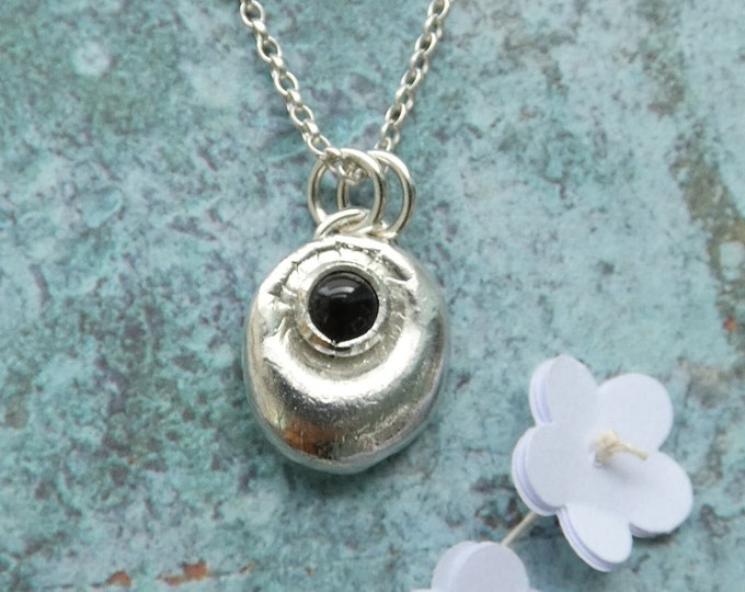 Handcrafted Molten Silver Freeform Pendant Necklace w Small Round Black Onyx Natural Gemstone, Artisan Precious Metal Jewellery, OOAK, UK