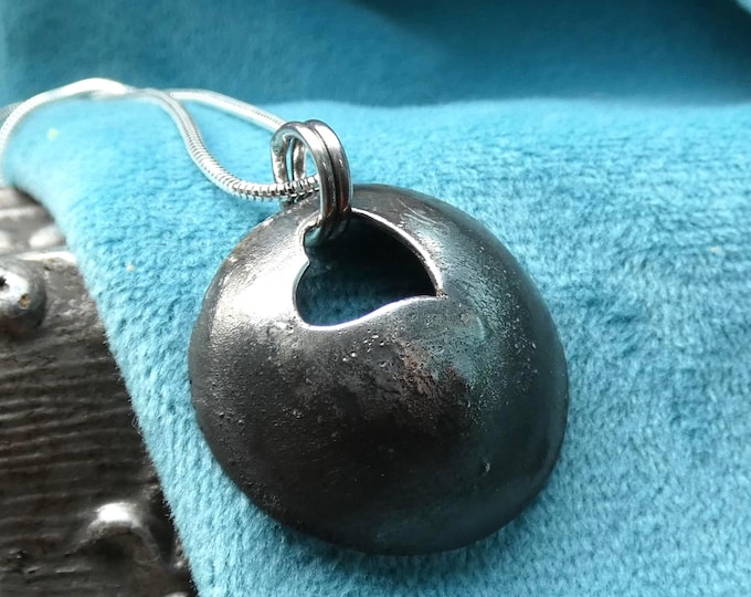 Heavily Tarnished, Reticulated Domed Heart Pendant Necklace, Handcrafted Solid Sterling Silver Necklace, Precious Metal Artisan Jewellery UK