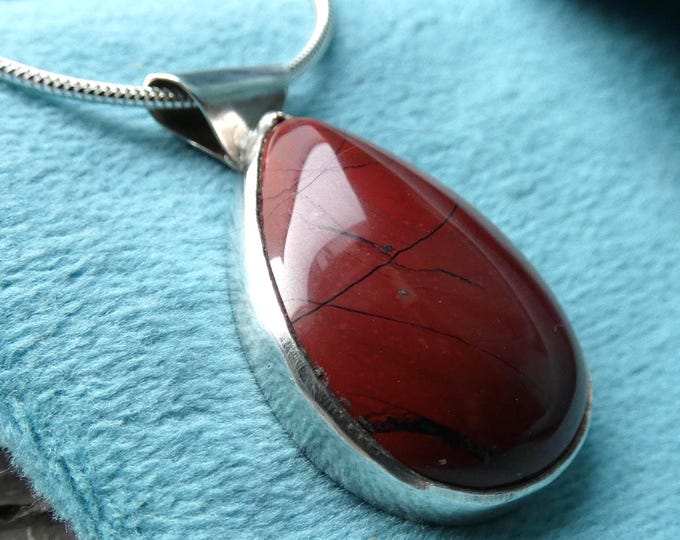 Beautiful Deep Burgundy Colour Teardrop Red Jasper Sterling Silver Pendant Necklace, Handcrafted Artisan Solid Sterling Silver Jewellery, UK