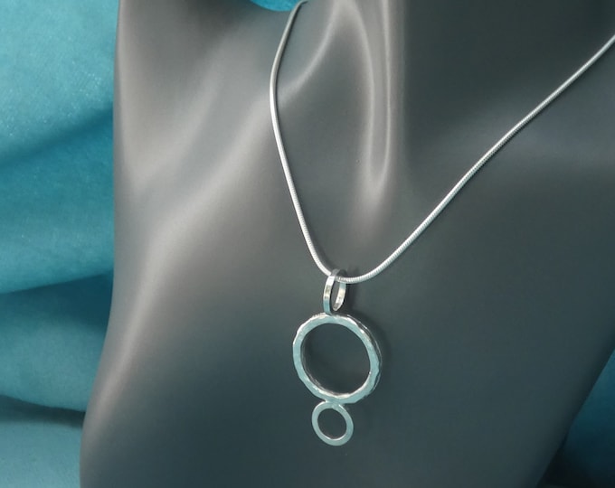 Large Long Hammered Sterling Silver Statement Circle Pendant Necklace, Handcrafted Artisan Modern Jewellery, Geometric, Contemporary Design