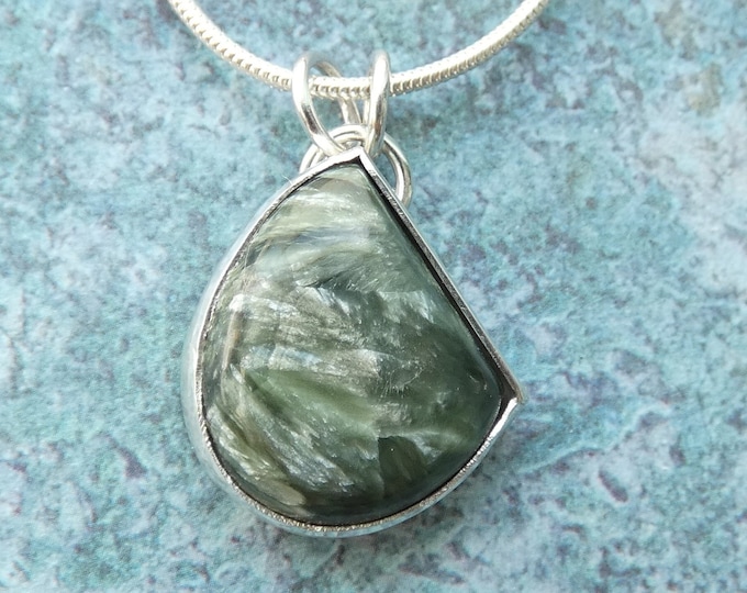 Beautiful Seraphinite Necklace, Handmade Sterling Silver Freeform Pendant Necklace w Large Green Stone, Natural Gemstone Statement Necklace